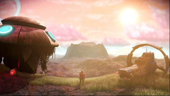 Best crafting games - No Man's Sky: A promotional image shows a figure standing looking over a beautiful, sprawling landscape, as the sun beams down on them and a futuristic building and vehicle
