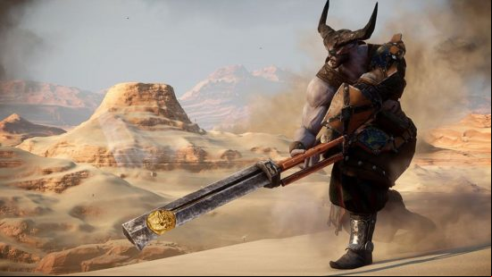 A hulking figure of a man wearing a horned helm swings a gigantic sword