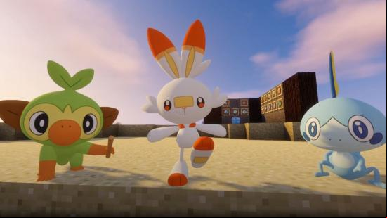 Best Minecraft mods - Grookey, Scorbunny, and Sobble are standing on sand near a wall of materials.