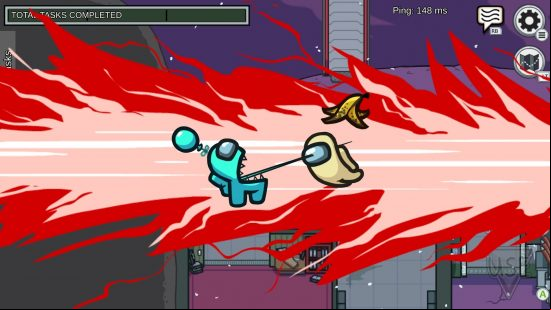 Games like Fall Guys: A blue imposter bean kills a yellow crewmate bean in social deduction game Among Us.