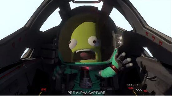 Kerbal Space Program 2 release date - a Kerbal is screaming for its life while in the cockpit of a spaceship.