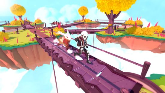 Best games like Pokémon - an adorable Temtem follows a Tamer across a bridge in Temtem.