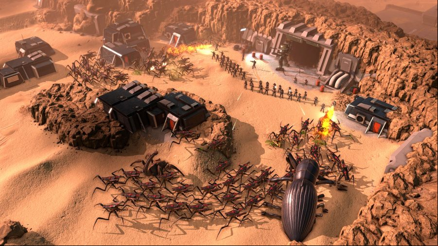a line of infantry try to hold back waves of bug creatures in starship troopers