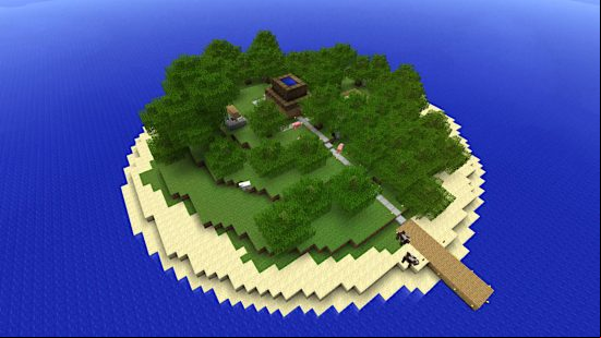 Best Minecraft maps- a small island with a house and a dock in the Enigma Island map. It has two cows, two pigs, and a sheep.