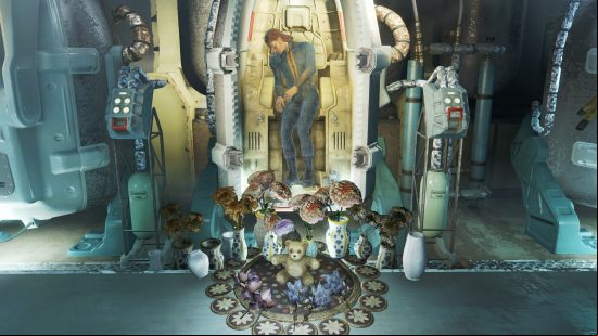 Best Fallout 4 mods: One of the fallen vault citizens, surrounded by flowers and teddies
