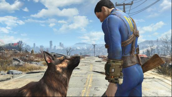 Best Fallout 4 mods: The sole survivor of Fallout 4 and his faithful German Shepherd canine companion, Dogmeat, face each other on a crumbling road.