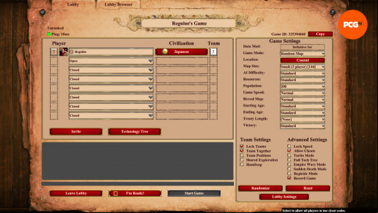 Age of Empires 2 cheats: a host's view of the lobby, with the option to Allow Cheats checked