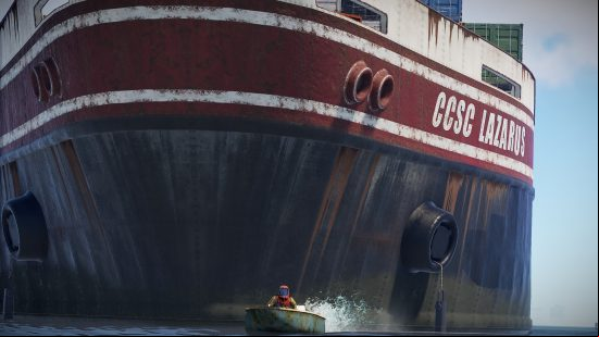 A huge ship looms behind a player in a small boat in Rust, one of the best crafting games