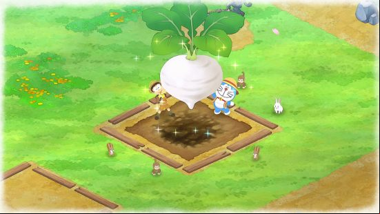 Best farming games - Doraemon and player pull a giant parsnip out of the ground in Doraemon Story of Seasons Friends of the Great Kingdom.