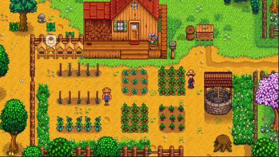 Best management games: a thriving farm full of crops and a scarecrow in Stardew Valley.