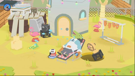 Best relaxing games - Donut County: A crocodile character lies in a garden chair in the pastel-colored game world
