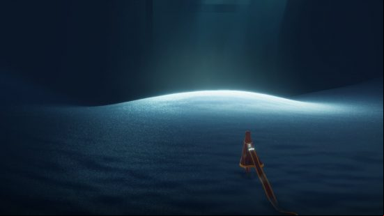 Best relaxing games - Journey: A lone character stands in front of a dark expanse of desert, with moonlight pouring onto the sand in front of them