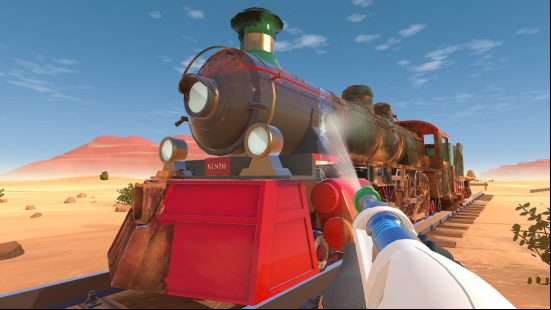Best relaxing games - Powerwash simulator: A clean and shiny steam train gleams in front of you as you finish powerwashing it