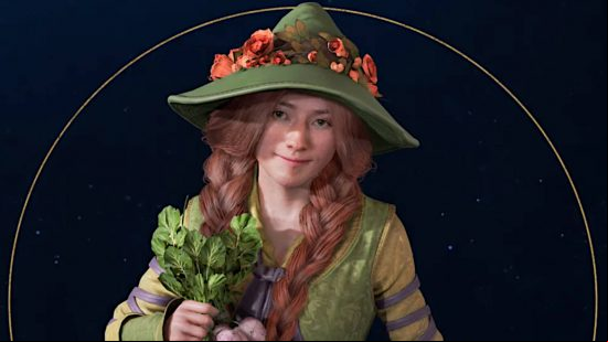 Hogwarts Legacy characters - a mugshot of Professor Garlick holding some vegetables.