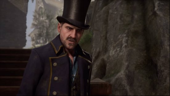 Hogwarts Legacy characters - Victor Rookwood is wearing a top hat and a purple coat.