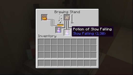 Minecraft Phantom Membrane: The option brewing UI shows a potion of slow falling
