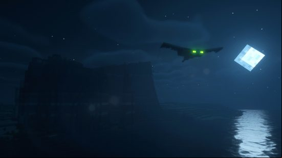 A Minecraft Phantom's green eyes glow in the dark above the ocean, a badlands butte in the background under the moon's light