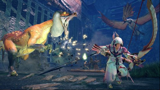 Best game like Monster Hunter: a hunter with a bow running away from a Great Izuchi while a gunner in a ballista turret fires at a Aknosom in Monster Hunter Rise.