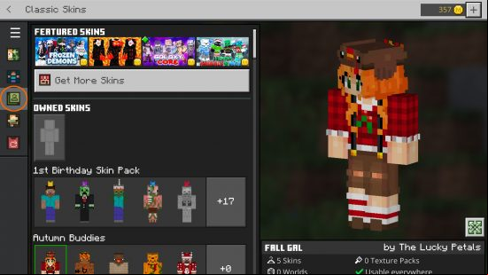 change Minecraft skin: The classic skins tab in Bedrock edition, and a selection of ready-made Marketplace skin packs