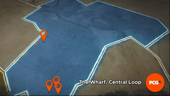 All of the inhibitors highlighted using orange pins in Dying Light's The Wharf area