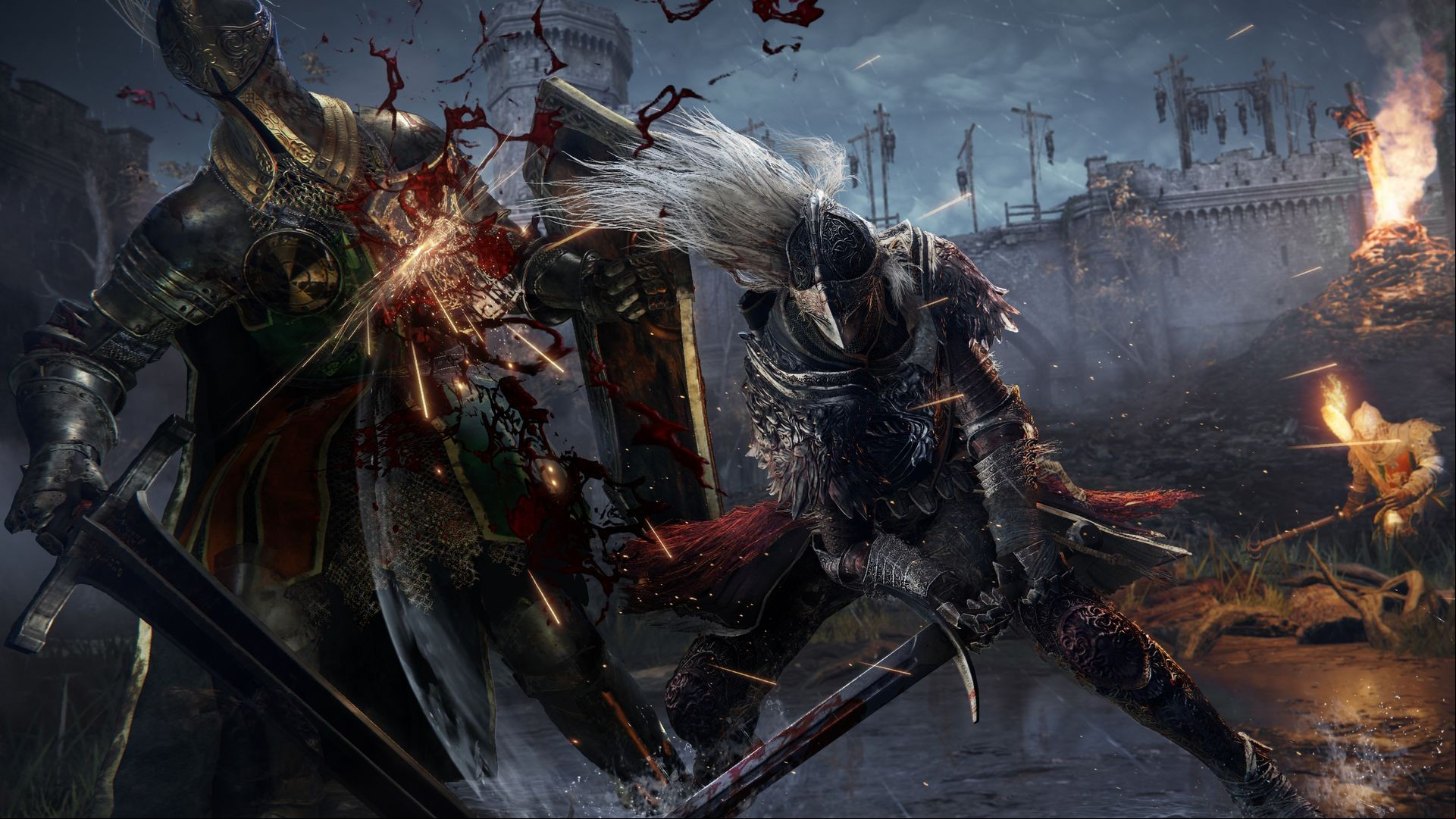A Tarnished is slashing at another Tarnished in Elden Ring multiplayer.