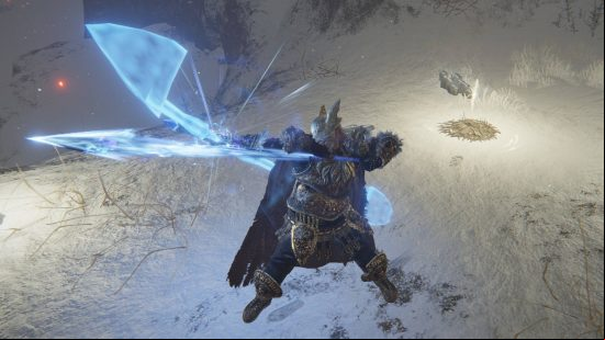 Elden Ring spells - the player is casting Loretta's Greatbow, which conjures a spiritual bow from the aether.