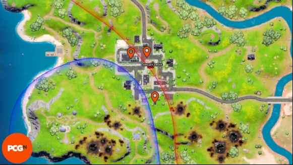 Orange pins showing all three Fortnite Omni Chips locations in Greasy Grove.