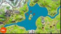 Orange pins showing all three Fortnite Omni Chips locations in Loot Lake.