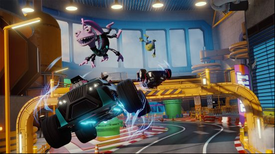 Randall from Monster's Inc gets some air time in his racing car in Speedstorm, one of the best Disney games.