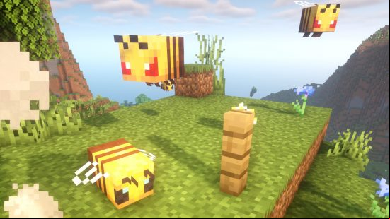 Minecraft bees behaviour: Three Minecraft bees, two of which are angry, wit their red eyes showing they are attacking