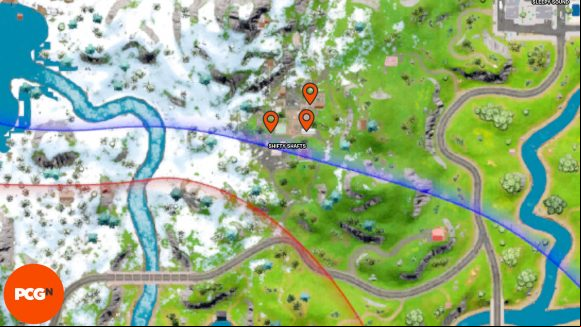 Fortnite Omni Chip locations: Orange pins showing all three locations in Shifty Shafts.