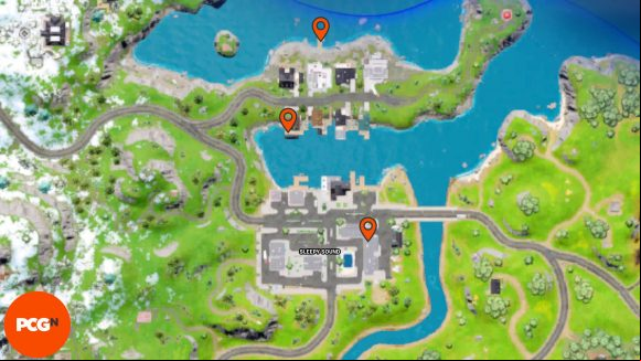 Fortnite Omni Chip locations: Orange pins showing all three locations in Sleepy Sound.