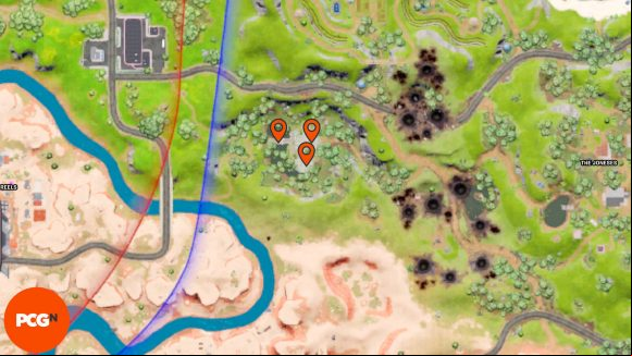 Fortnite Omni Chip locations: Orange pins showing all three locations in Tumbledown Temple.