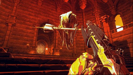 BPM: Bullets Per Minute is one of the best rhythm games on PC. It also happens to be a first person shooter, as the protagonist brandishes his rifle at a reaper-esque enemy holding a large mace.