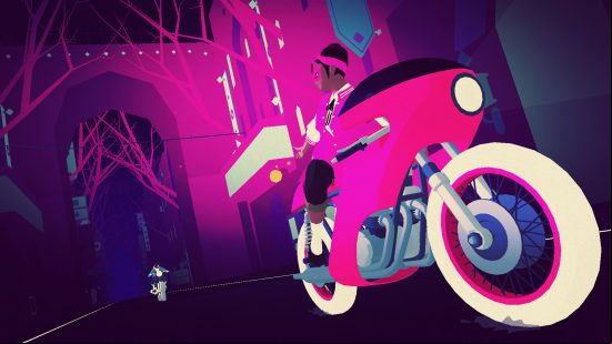 The masked protagonist drives a pink motorcycle down a surreal street flanked by trees, followed by another character on a blue motorcycle in Sayonara Wild Hearts, one of the best rhythm games.