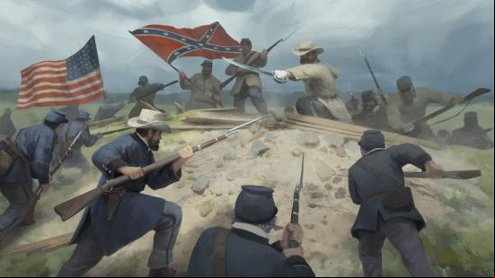 Victoria 3 beginner's guide: Union soldiers with bayonets fixed on their rifles charge a Confederate line on a hilltop in artwork created for Victoria 3.