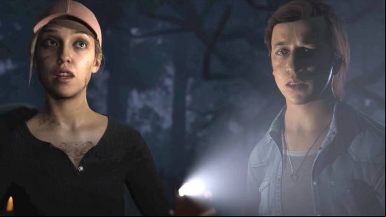 The Quarry cast and characters: Laura and Max are a bit freaked out having seen something in the woods. Laura is holding a flashlight.