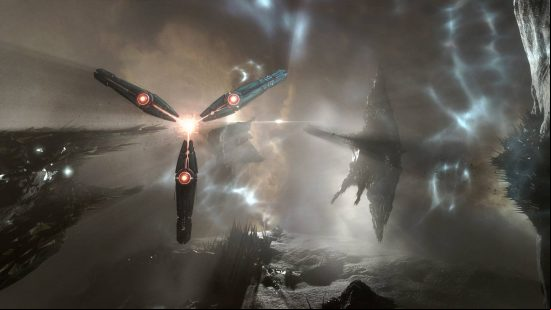 Best single-player MMOs: Futuristic ships fly through space, avoiding planets and asteroids in Eve Online.
