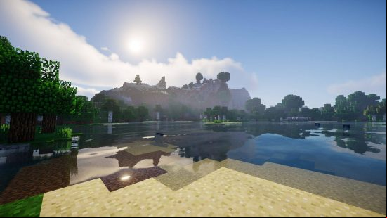 Best Minecraft shaders: the Chocopic shader showing a lakefront where the water is crystal clear.