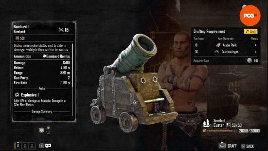 The recipe for crafting Bombards, one of the best weapons for a Skull and Bones Padewakang loadout.