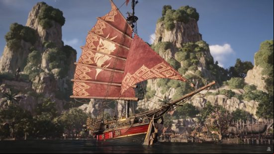 Skull and Bones ships: a small ship with bright red sails.