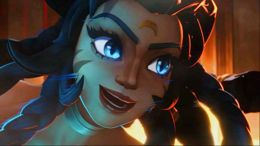 Torchlight Infinite - a blue-eyed woman with long braided hair gives an open-mouth smile