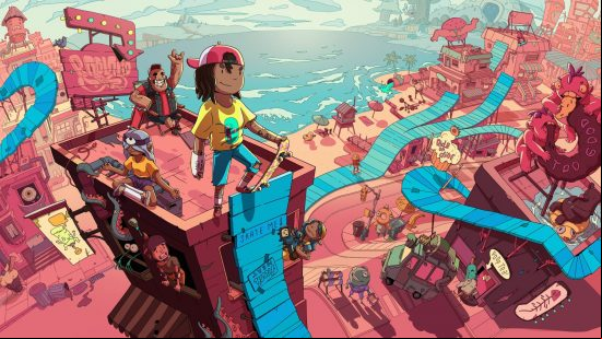 Best platform games: The twisting, turning skateboard track of the boardwalk level in OlliOlli World, which features the player character about to skate down it while a collection of many of the inhabitants of OlliOlli World look on excitedly.