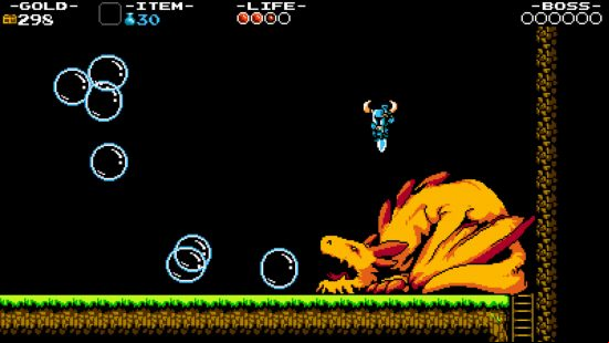 Best platform games: Shovel Knight bounces on the head of a gold dragon blowing bubbles in order to defeat it.
