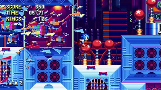 Best platform games: Sonic speeds through a neon bright level in Sonic Mania, bouncing on springs to traverse each platform.