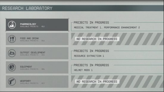 A menu showing the progress bar for ongoing Starfield research laboratory projects in Pharmacology, Outpost Development, and Equipment categories.