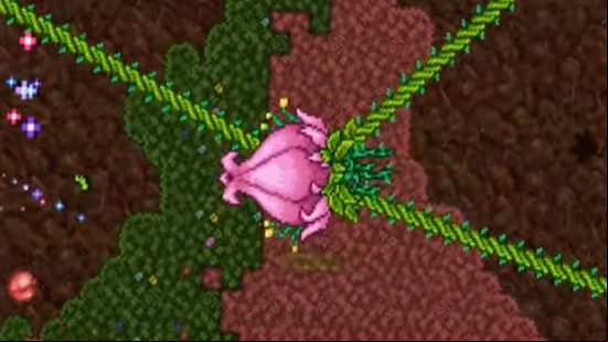 All Terraria bosses: a giant rose bud with several steams sprouting from its head.