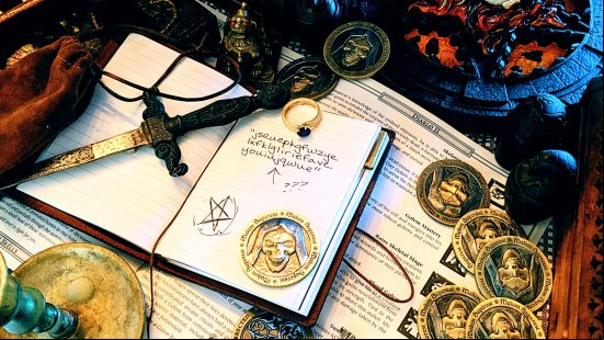 Diablo 2 Resurrected cipher - a series of books and coins on a table featuring a message comprising a jumble of seemingly random letters