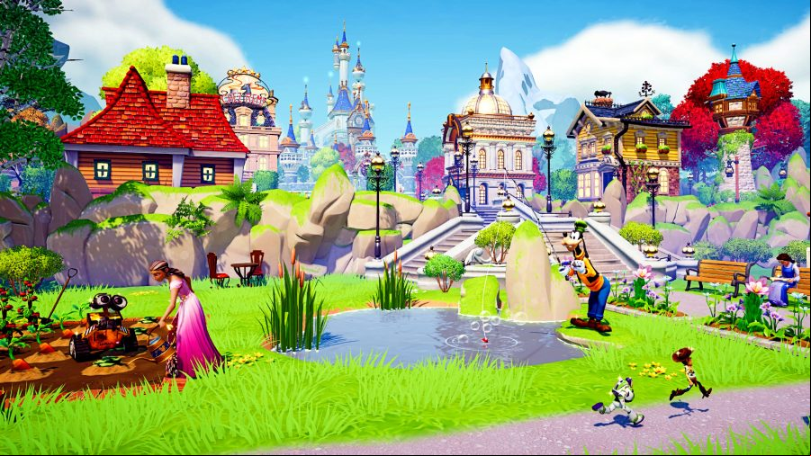Disney Dreamlight Valley - a colourful Disney kingdom featuring several Disney characters going about their business