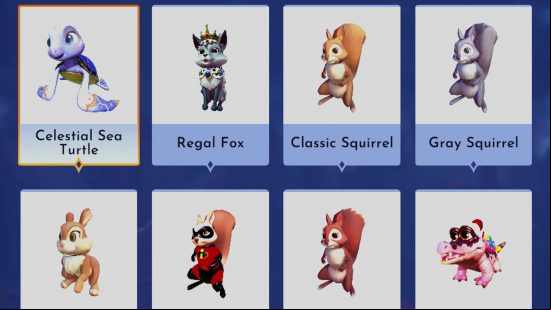 Disney Dreamlight Valley critters: A list of companions from the in-game collection menu, featuring the celestial sea turtle, regal fox, and more.